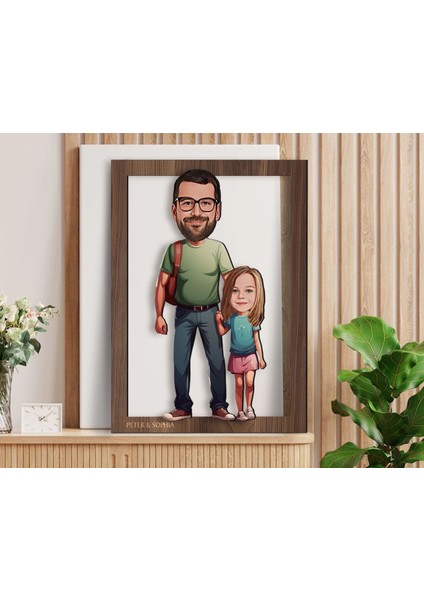 Kişiye Özel Baba Kız Karikatürlü 3D Ahşap Tablo-20, Babaya Hediye, Karikatürlü Tablo fiyatları