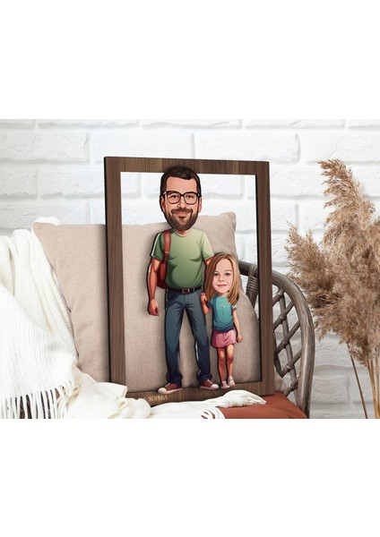 Kişiye Özel Baba Kız Karikatürlü 3D Ahşap Tablo-20, Babaya Hediye, Karikatürlü Tablo modelleri