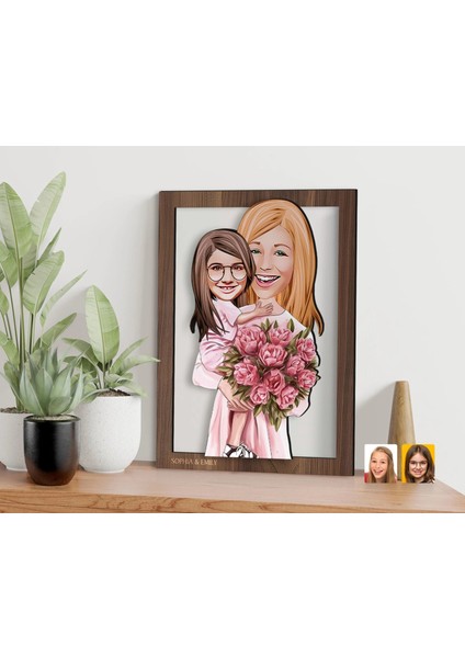 Kişiye Özel Anne Kız Karikatürlü 3D Ahşap Tablo-20, Anneye Hediye, Karikatürlü Tablo
