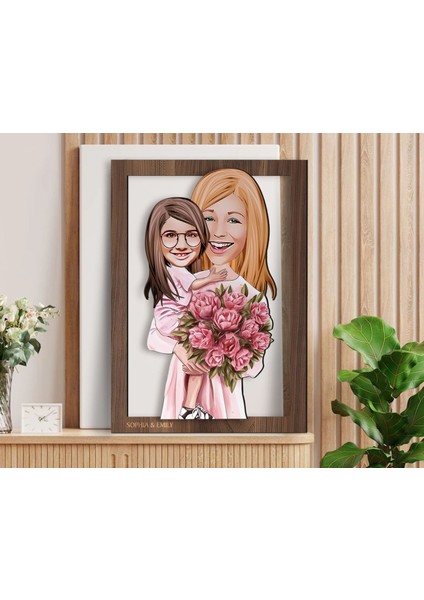 Kişiye Özel Anne Kız Karikatürlü 3D Ahşap Tablo-20, Anneye Hediye, Karikatürlü Tablo fiyatları