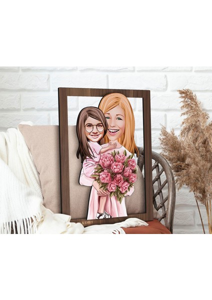 Kişiye Özel Anne Kız Karikatürlü 3D Ahşap Tablo-20, Anneye Hediye, Karikatürlü Tablo modelleri