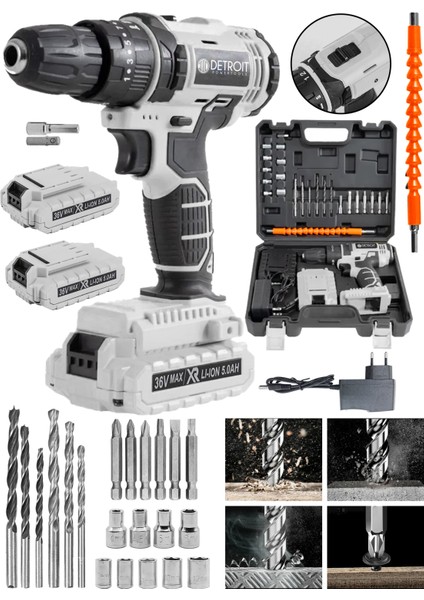 Usa 36V 5 Ah Çift Akülü Darbeli Matkap 24 Parça Akülü Vidalama Daflong Series Beyaz