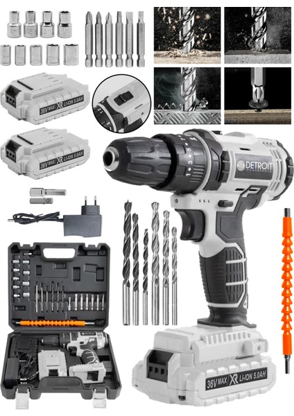 Usa 36V 5 Ah Çift Akülü Darbeli Matkap 24 Parça Akülü Vidalama Daflong Series Beyaz