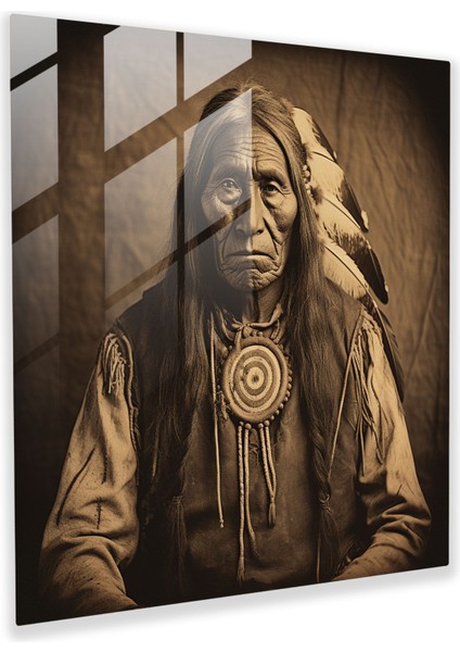 Kızılderili Cam Baskı - Vintage Kızılderili Şef Portresi - Kızılderili, Bilgelik, Tarih, Kızılderili, 30X30