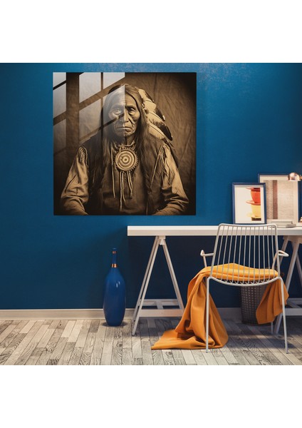 Kızılderili Cam Baskı - Vintage Kızılderili Şef Portresi - Kızılderili, Bilgelik, Tarih, Kızılderili, 30X30 fiyatları