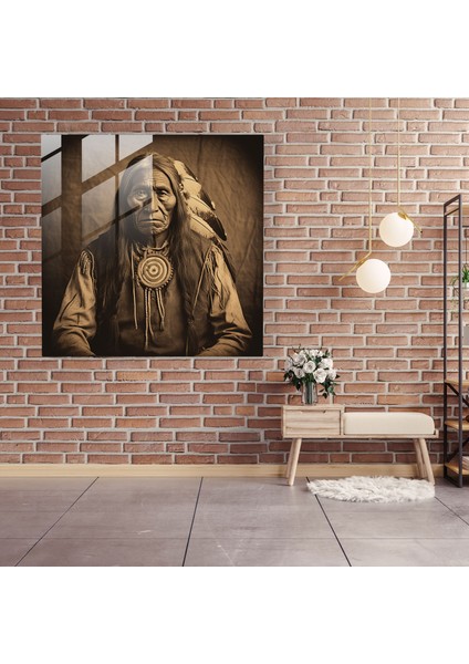 Kızılderili Cam Baskı - Vintage Kızılderili Şef Portresi - Kızılderili, Bilgelik, Tarih, Kızılderili, 30X30 modelleri