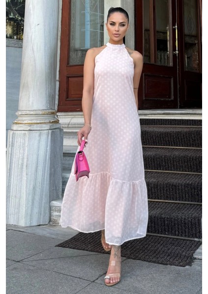 Kadın Pudra Halter Yaka, Sıfır Kol, Maksi Boy, Uzun Rahat, Şifon Elbise (Astarlı) modelleri