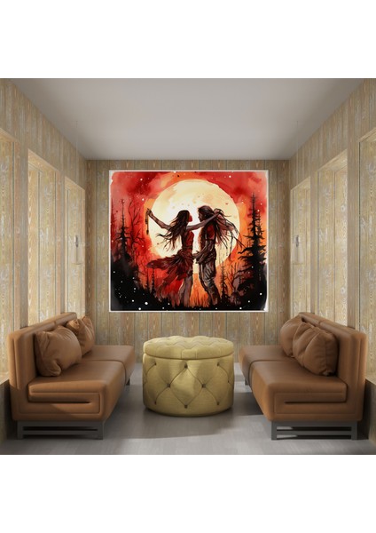 Kırmızı Hint Duvar Tablosu - Mehtaplı Dans Eden Çift Kanvas Tablo - Kızıl Hint, Duvar Sanatı, Kanvas Tablo, Ev Dekorasyonu, 30X30