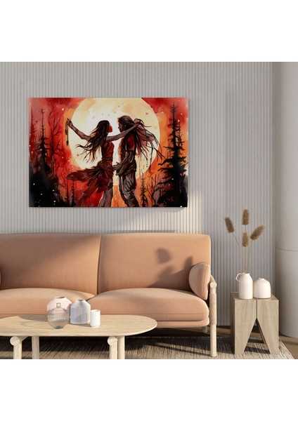 Kırmızı Hint Duvar Tablosu - Mehtaplı Dans Eden Çift Kanvas Tablo - Kızıl Hint, Duvar Sanatı, Kanvas Tablo, Ev Dekorasyonu, 30X30