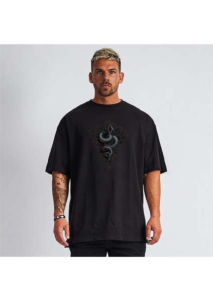Yılan - Snake Baskılı Oversize Unisex Siyah T-Shirt fiyatları