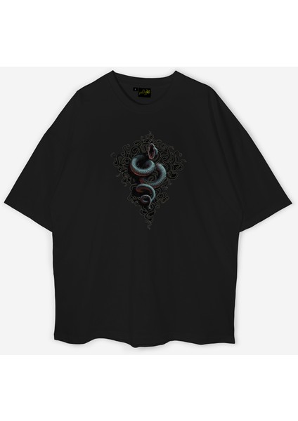 Yılan - Snake Baskılı Oversize Unisex Siyah T-Shirt modelleri