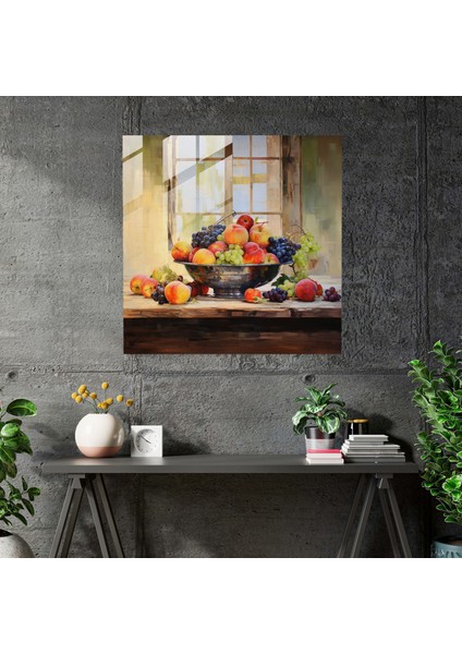 Natürmort Cam Baskı - Ahşap Masada Meyveler - Natürmort, Cam Sanatı, Modern Sanat, Ev Dekorasyonu, 30X30 modelleri
