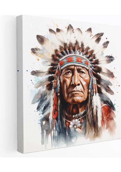 Kızılderili Duvar Dekorasyonu - Kızılderili Şefi Yakın Çekim Kanvas Tablo - Kızılderili, Duvar Sanatı, Kanvas Duvar Sanatı, Geleneksel Başlık, 30X30