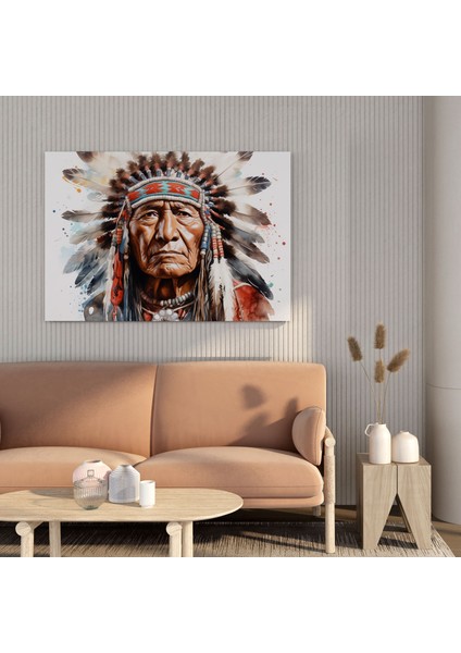 Kızılderili Duvar Dekorasyonu - Kızılderili Şefi Yakın Çekim Kanvas Tablo - Kızılderili, Duvar Sanatı, Kanvas Duvar Sanatı, Geleneksel Başlık, 30X30 fiyatları