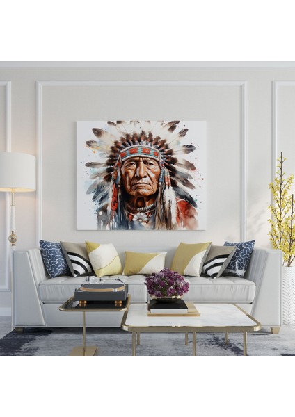 Kızılderili Duvar Dekorasyonu - Kızılderili Şefi Yakın Çekim Kanvas Tablo - Kızılderili, Duvar Sanatı, Kanvas Duvar Sanatı, Geleneksel Başlık, 30X30 modelleri