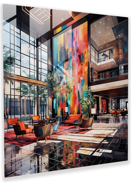 Otel Cam Baskı - Soyut Canlı Lobi - Otel, Duvar Dekorasyonu, Cam Baskı, Soyut Resim, 30X30