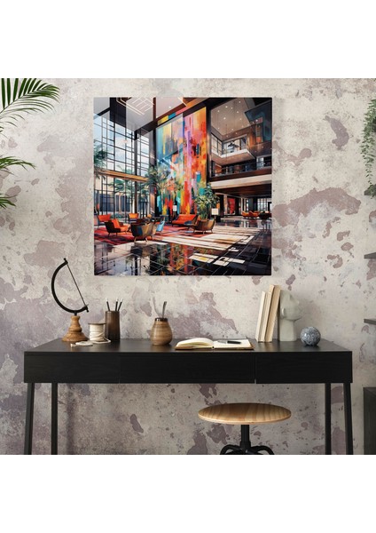 Otel Cam Baskı - Soyut Canlı Lobi - Otel, Duvar Dekorasyonu, Cam Baskı, Soyut Resim, 30X30