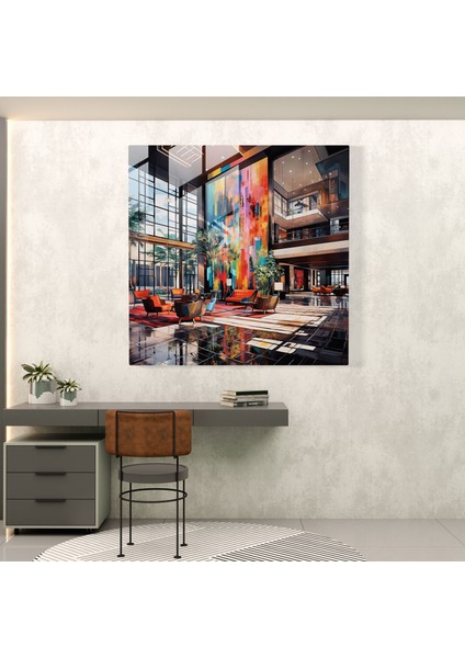Otel Cam Baskı - Soyut Canlı Lobi - Otel, Duvar Dekorasyonu, Cam Baskı, Soyut Resim, 30X30