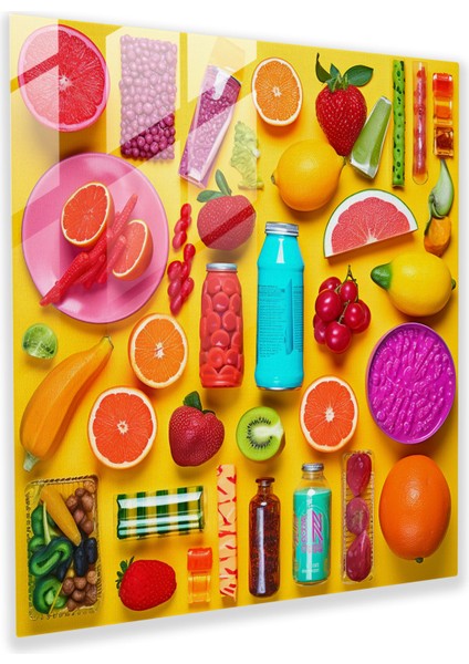 Natürmort Cam Baskı: Yiyecek Füzyonu - Natürmort, Pop Art Kolaj, Natürmort, Cam Baskı, 30X30