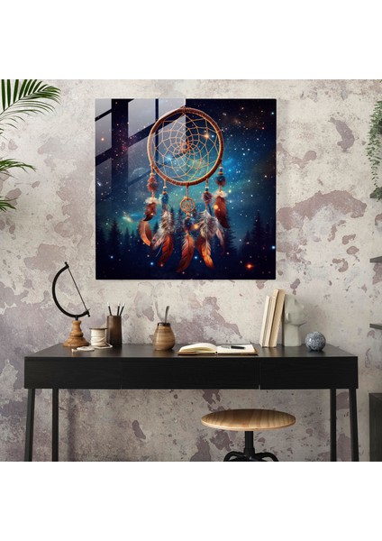 Kızılderili Cam Baskı - Kızılderili Dreamcatcher Gece Gökyüzü - Kızılderili, Kızılderili, Cam Duvar Sanatı, Cam Baskı, 50X50 modelleri