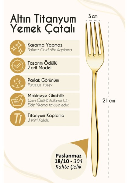 12 Parça Gold Titanyum Paslanmaz Çelik Yemek Kaşığı ve Yemek Çatalı