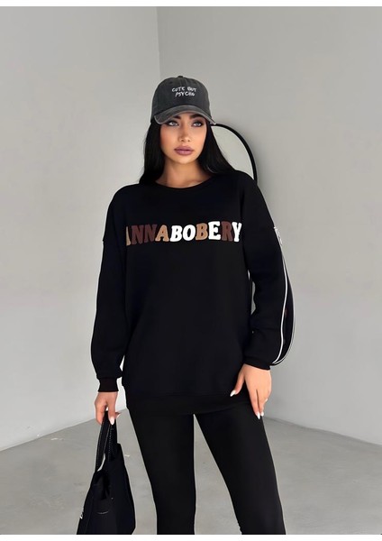 Kadın Ayıcık Nakışlı Kolları Fermuarlı Sweatshirt