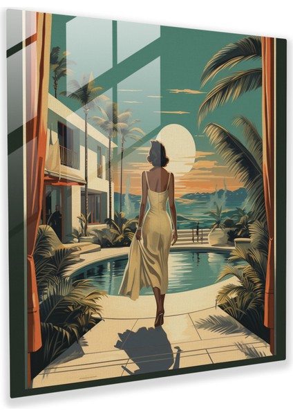 Retro Escape Otel Cam Baskı - Otel, Retro Escape Otel, Ev Dekorasyonu, Cam Duvar Tablosu, 70X70