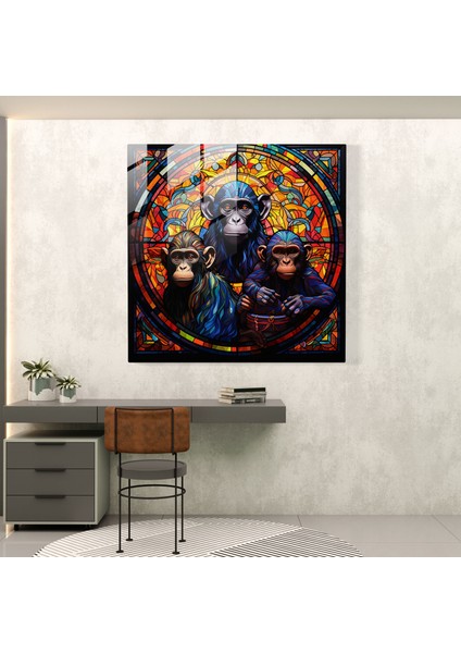 3 Maymun Vitray Baskı - 3 Maymun, Modern Sanat, Cam Duvar Sanatı, Cam Baskı, 30X30
