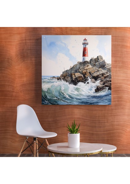 Deniz Manzarası Duvar Sanatı - Kayalık Sahilde Gerçekçi Deniz Feneri - Deniz Manzarası, Detaylı Fırça Çalışması, Ev Dekorasyonu, Kanvas, 30X30 fiyatları