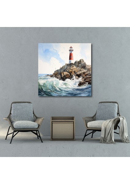Deniz Manzarası Duvar Sanatı - Kayalık Sahilde Gerçekçi Deniz Feneri - Deniz Manzarası, Detaylı Fırça Çalışması, Ev Dekorasyonu, Kanvas, 30X30 modelleri