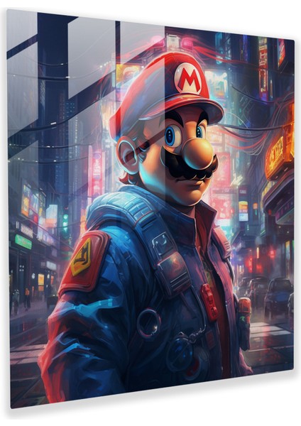 Cyberpunk Neon Cam Baskı - Mario'nun Fütüristik Macerası - Son Teknoloji Ev Dekorasyonu Cam Duvar Sanatı, 30X30