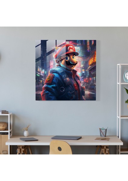 Cyberpunk Neon Cam Baskı - Mario'nun Fütüristik Macerası - Son Teknoloji Ev Dekorasyonu Cam Duvar Sanatı, 30X30 modelleri
