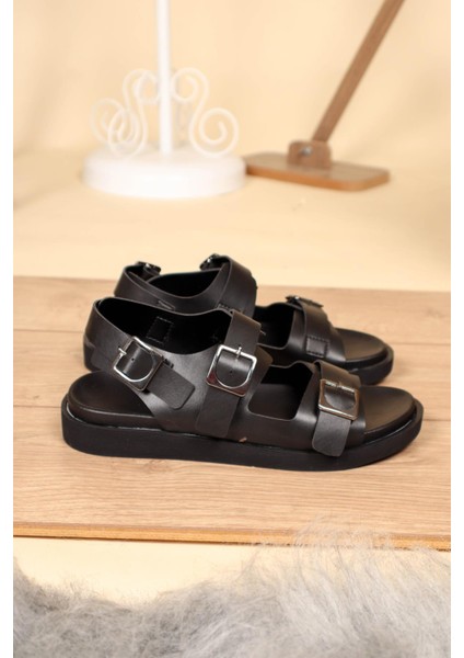 Çift Tokalı Düz Taban Sandalet Siyah