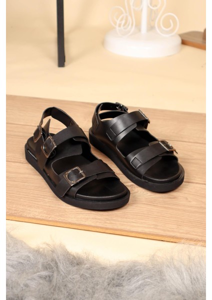 Çift Tokalı Düz Taban Sandalet Siyah fiyatları