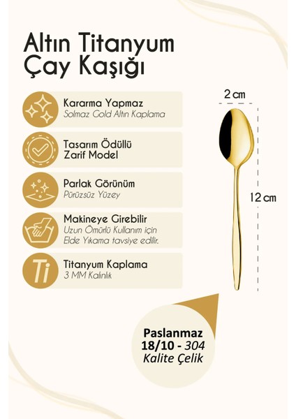 6 Adet Gold Titanyum Paslanmaz 18/10 Çelik Çay Kaşığı