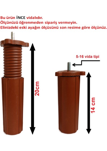 Orta Plastik Mobilya Koltuk Kanepe Ayağı 8 Adet Ceviz 14 - 19 cm 5/16 Vida (Vida Ölçüsüne Dikkat)