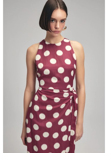 Kadın Elbise Önden Bağlamalı Arkadan Fermuarlı Sıfır Kol Desenli Parlak Keten/pamuk Kumaş