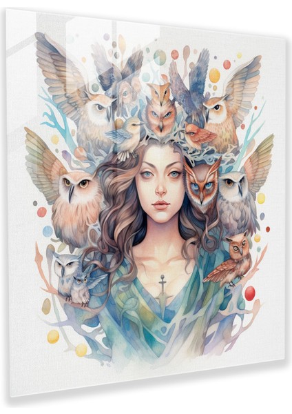 Süzülen Baykuşlarla Çevrelenmiş Athena'nın Büyüleyici Cam Baskısı - Suluboya Büyüsü, 30X30