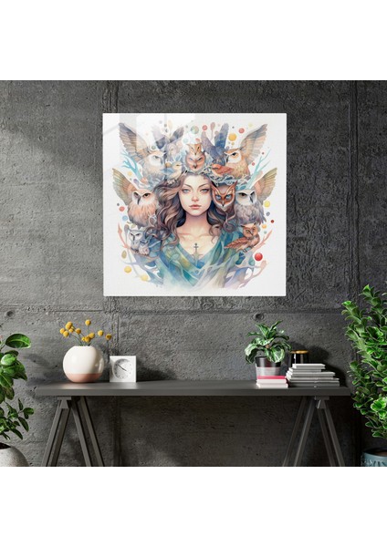 Süzülen Baykuşlarla Çevrelenmiş Athena'nın Büyüleyici Cam Baskısı - Suluboya Büyüsü, 30X30