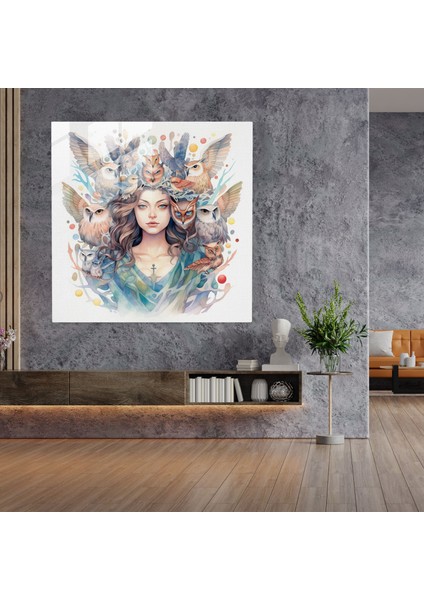 Süzülen Baykuşlarla Çevrelenmiş Athena'nın Büyüleyici Cam Baskısı - Suluboya Büyüsü, 30X30