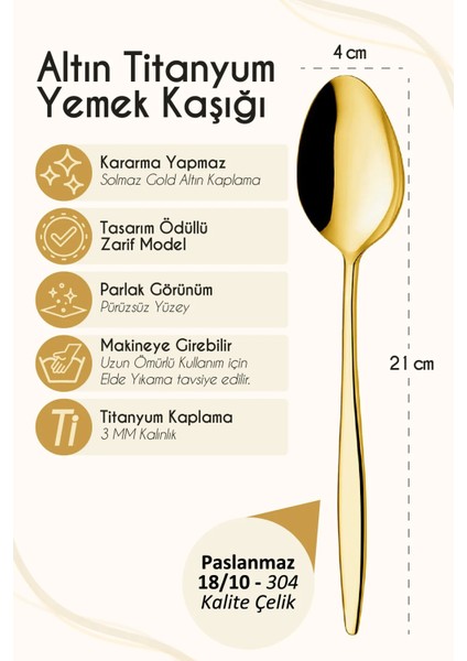 6 Adet Gold Titanyum Paslanmaz 18/10 Çelik Yemek Kaşığı