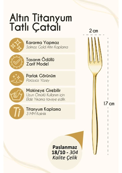 6 Adet Gold Titanyum Paslanmaz 18/10 Çelik Tatlı Çatalı