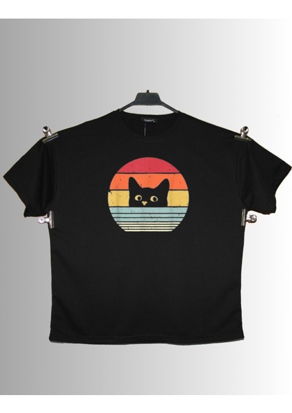 Unisex Oversize Kedi Baskılı Siyah T-Shirt, Siyah Tişört