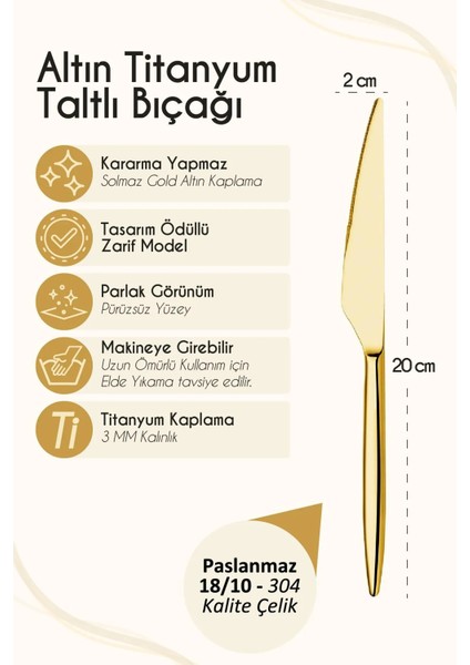 6 Adet Gold Titanyum Paslanmaz 18/10 Çelik Tatlı- Pasta Bıçağı