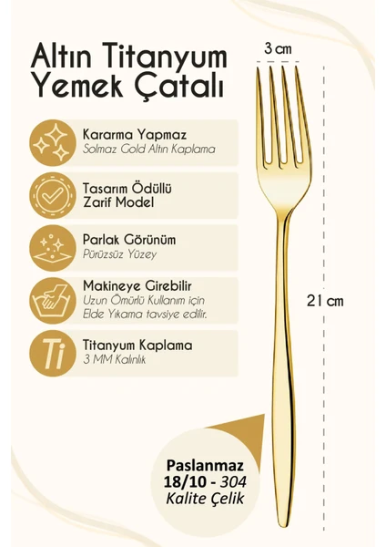 6 Adet Gold Titanyum Paslanmaz 18/10 Çelik Yemek Çatalı