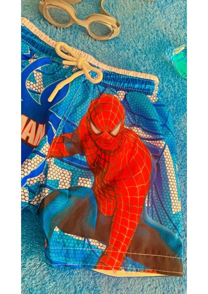 s Kids Erkek Çocuk Spiderman Desenli Içi Ağ File Astarlı Bağcıklı Deniz Şortu Mavi