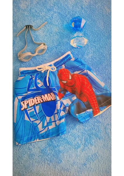 s Kids Erkek Çocuk Spiderman Desenli Içi Ağ File Astarlı Bağcıklı Deniz Şortu Mavi