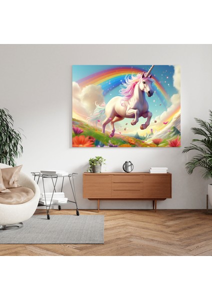 Gökkuşağı Tek Boynuzlu At Duvar Tablosu - Gökkuşağı, Şahlanan, Ev Dekorasyonu, Duvar Dekorasyonu, 30X30