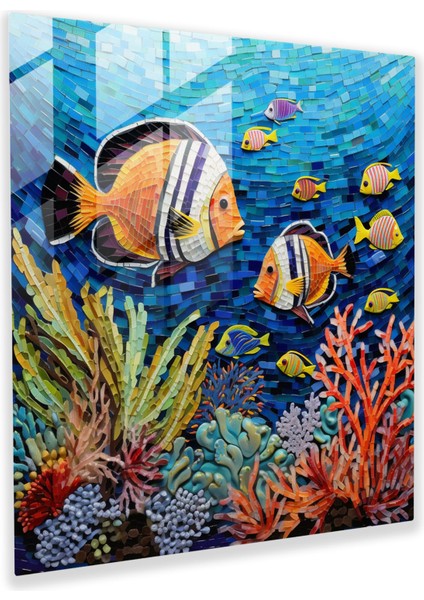 Tropikal Cam Baskı - Renkli Mercan Kayalığı Balıklarından Oluşan Cam Mozaik - Tropikal, Modern Sanat, Duvar Dekorasyonu, Cam Sanatı, 30X30