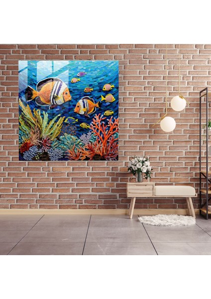 Tropikal Cam Baskı - Renkli Mercan Kayalığı Balıklarından Oluşan Cam Mozaik - Tropikal, Modern Sanat, Duvar Dekorasyonu, Cam Sanatı, 30X30 fiyatları